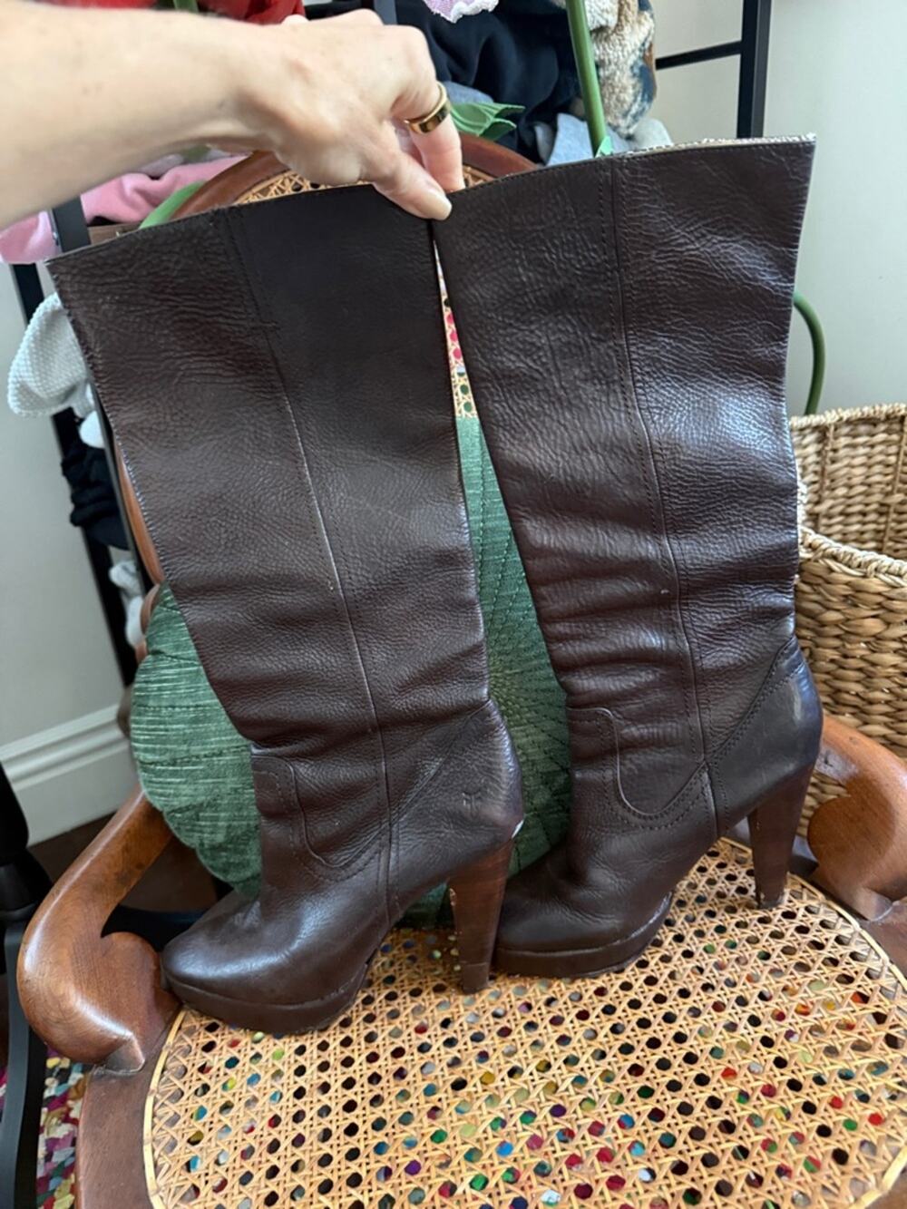 Frye Harlow Campus Chocolate Brown Leather Heeled Boho Western Tall Slouch Boots